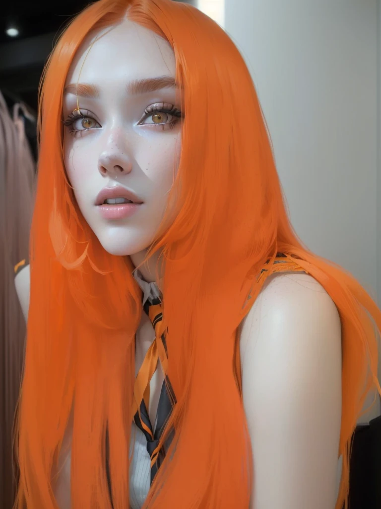 there is a woman with Orange hair and a tie on, madison beer as leeloo, she has long redOrange hair, Orange hair, Orange peel and long fiery hair., long Orange hair, She has long orange-brown hair., looks like a mixture of dirt, Portrait of Jossi from Blackpink, looks like a mixture of dirt, very long Orange hair