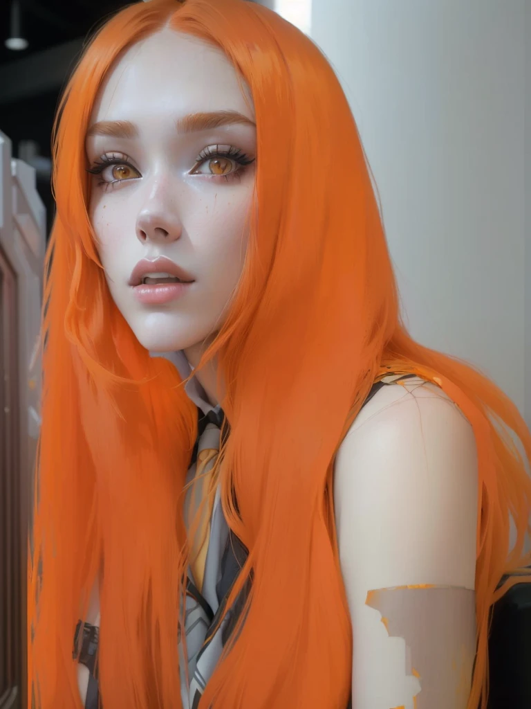 there is a woman with Orange hair and a tie on, madison beer as leeloo, she has long redOrange hair, Orange hair, Orange peel and long fiery hair., long Orange hair, She has long orange-brown hair., looks like a mixture of dirt, Portrait of Jossi from Blackpink, looks like a mixture of dirt, very long Orange hair