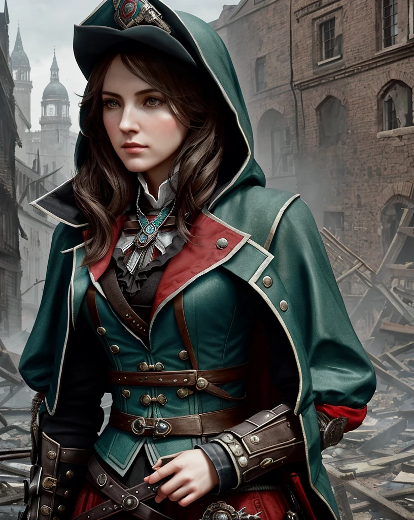 Create an Assassin’s Creed Concept Art piece inspired by the victorian london era and by assassin's creed syndiacte.Crafted in the style of ultra-realistic visuals with meticulous attention to detail. Portray Evie from assassin's creed syndicate from victorian london adorned in a worn Victorian steampunk uniform, her face obscured by a pointed hood. Set the scene amidst the haunting aftermath of a battlefield, showcasing the devastation and destruction left in the wake of war. Emphasize the realism and intricacy of the environment, capturing the gritty textures, shattered structures, and somber atmosphere in stunning 16K resolution. Close up photos,bust up photos