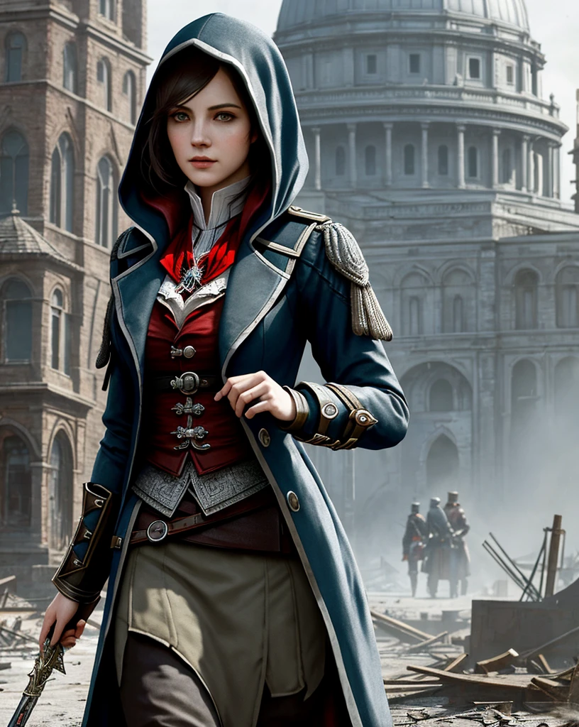 Create an Assassin’s Creed Concept Art piece inspired by the victorian london era and by assassin's creed syndiacte.Crafted in the style of ultra-realistic visuals with meticulous attention to detail. Portray Evie from assassin's creed syndicate from victorian london adorned in a worn Victorian steampunk uniform, her face obscured by a pointed hood. Set the scene amidst the haunting aftermath of a battlefield, showcasing the devastation and destruction left in the wake of war. Emphasize the realism and intricacy of the environment, capturing the gritty textures, shattered structures, and somber atmosphere in stunning 16K resolution. Close up photos,bust up photos