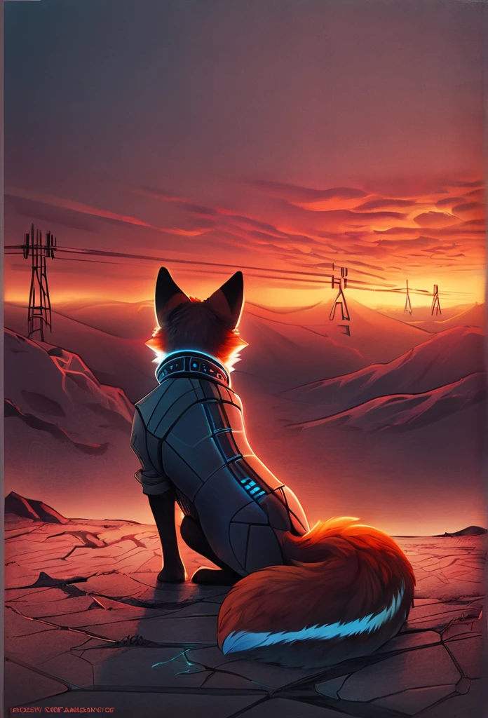 canid, canine, mammal, furry, The image presents a striking anthropomorphic fox character, distinguished by its vivid red eyes and a contemplative gaze directed to the side. The character’s fur is rendered with intricate detail, and it’s adorned with a stylish blue jacket featuring a high collar, suggesting a blend of animal traits with human fashion sensibilities. Set against a backdrop of a dramatic sunset, the sky is painted with a palette of orange, yellow, and red hues, evoking a sense of both beauty and melancholy. Electricity pylons stretch into the distance across a desolate landscape, hinting at a narrative of abandonment or a post-apocalyptic setting. This image could easily serve as a powerful visual prompt for a story, exploring themes of isolation, the intersection of technology and nature, or the inner life of this enigmatic character. The composition and the use of color create an atmosphere that is both evocative and thought-provoking, inviting viewers to delve into the world and emotions of the character. It’s a testament to the power of visual storytelling and character design, ((masterpiece, best quality))