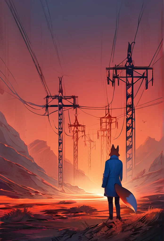 canid, canine, mammal, furry, The image presents a striking anthropomorphic fox character, distinguished by its vivid red eyes and a contemplative gaze directed to the side. The character’s fur is rendered with intricate detail, and it’s adorned with a stylish blue jacket featuring a high collar, suggesting a blend of animal traits with human fashion sensibilities. Set against a backdrop of a dramatic sunset, the sky is painted with a palette of orange, yellow, and red hues, evoking a sense of both beauty and melancholy. Electricity pylons stretch into the distance across a desolate landscape, hinting at a narrative of abandonment or a post-apocalyptic setting. This image could easily serve as a powerful visual prompt for a story, exploring themes of isolation, the intersection of technology and nature, or the inner life of this enigmatic character. The composition and the use of color create an atmosphere that is both evocative and thought-provoking, inviting viewers to delve into the world and emotions of the character. It’s a testament to the power of visual storytelling and character design, ((masterpiece, best quality))