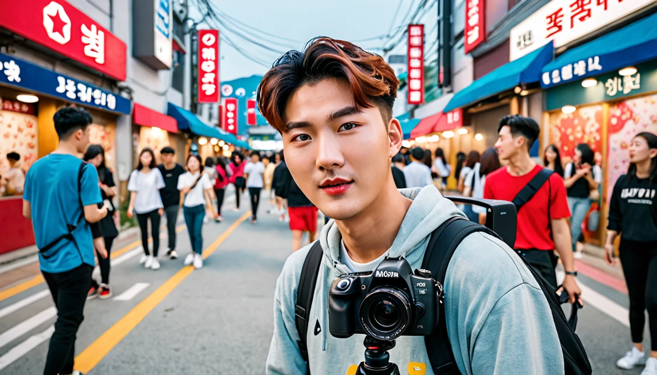 YouTuber, vlog, Street, realistic expression, dynamic, Korea people, Filming with camera, 