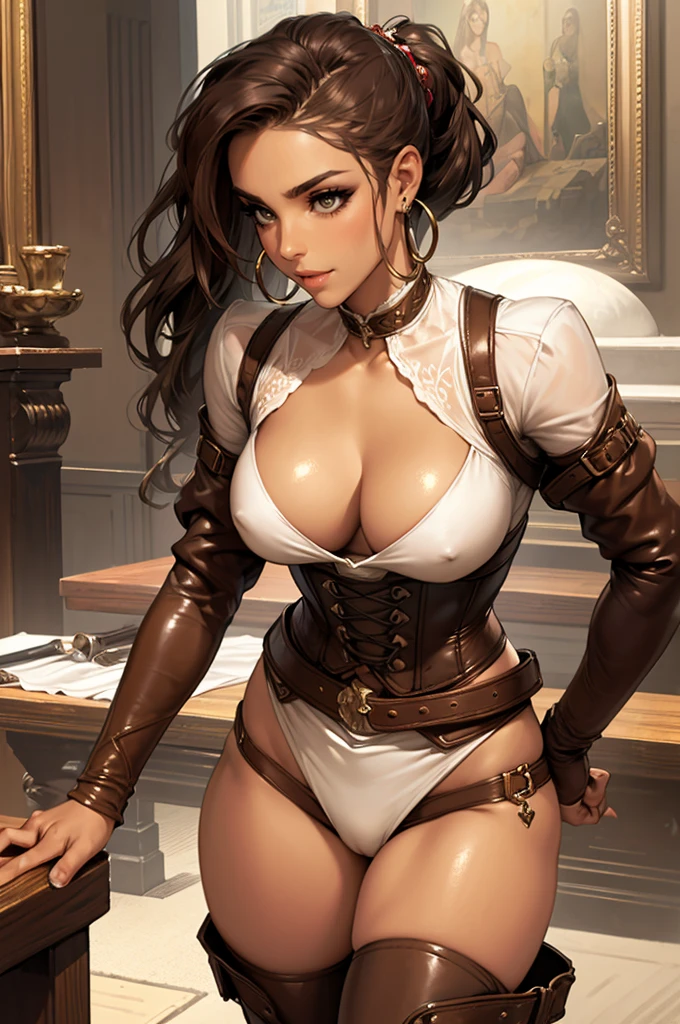 (masterpiece), best quality, expressive eyes, perfect face, (tavern background), (standing), (smirk), (closeup view), (1girl, vanessa alessia, dark skin, tanned skin, brown hair, wavy hairstyle, brown eyes, hourglass figure, thin body, skinny body, petite_body, medium breasts, thick thighs, long fingernails, white front lace blouse, long sleeve, loose fit, brown leather corset, brown leather shorts, brown boots, sheathed cutlass sword, flintlock pistol in holster, hoop earrings, miscellaneous jewelry), big breasts, stripping, elegant makeup, exhibitionism, naked in public, , slim thighs, toned body, shiny skin, sexy pose,narrow hips, wearing high hip thong and see-through top, amber eyes, (((girl stripping on table))) extendeddownblouse_v10