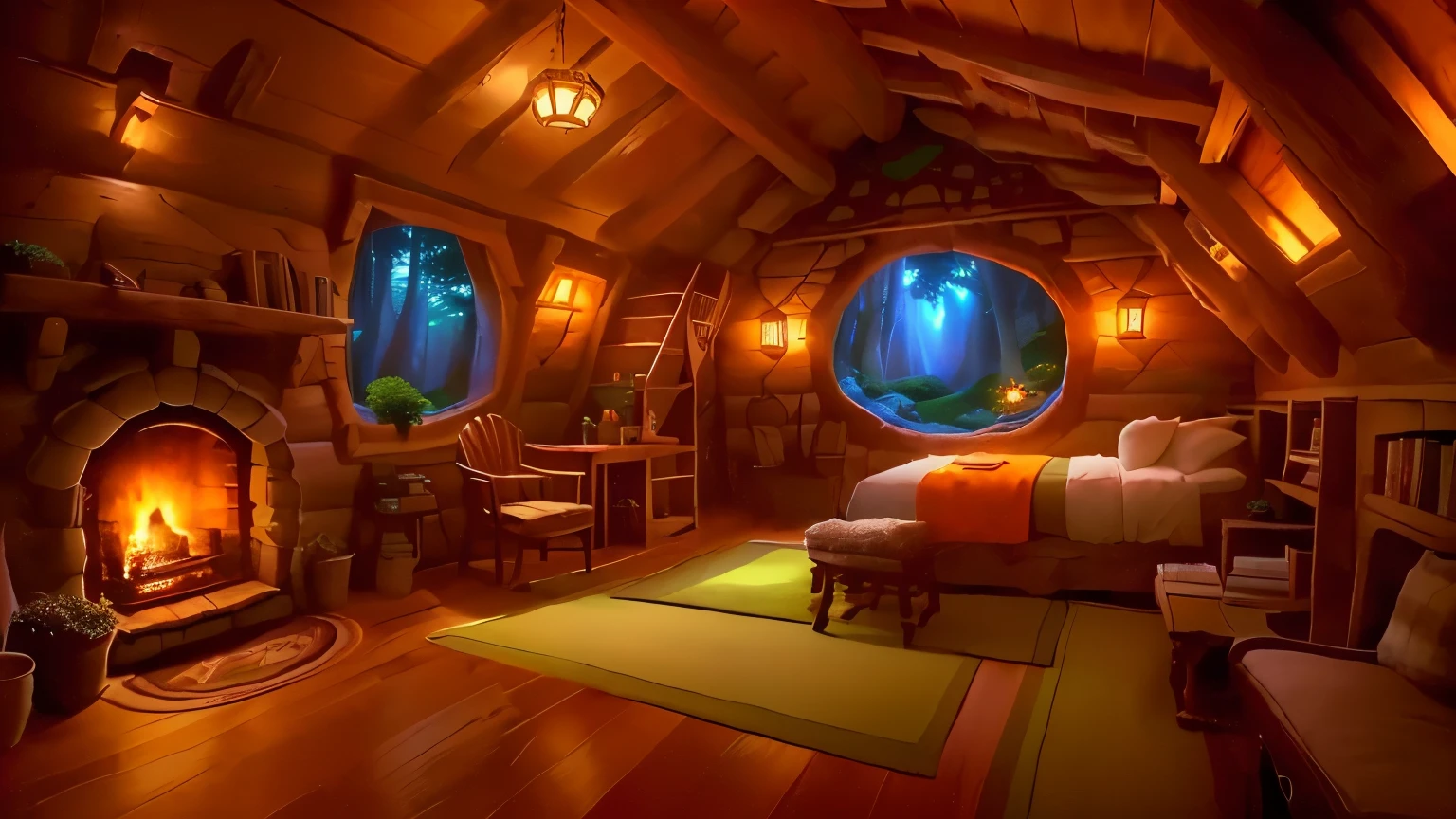 airy room with fireplace and a bed, cozy room, cozy envirnment, in your hobbit house, inside a hobbit hole, cozy envirnment e tranquilo, cozy place, Room at Ghibli Studio, fourth style RPG creator, personal room background, magical atmosphere, cozy treehouse bedroom, thomas kinkade. cute cozy room, in a cabin, cozy and calm