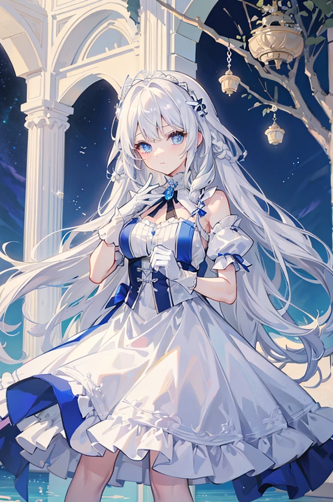 White hair and blue eyes、adult、Long, fluffy wavy hair、Braiding、Wearing hair ornaments、Princess、White gloves、Wearing a lace dress、Being in the water、Fantasy