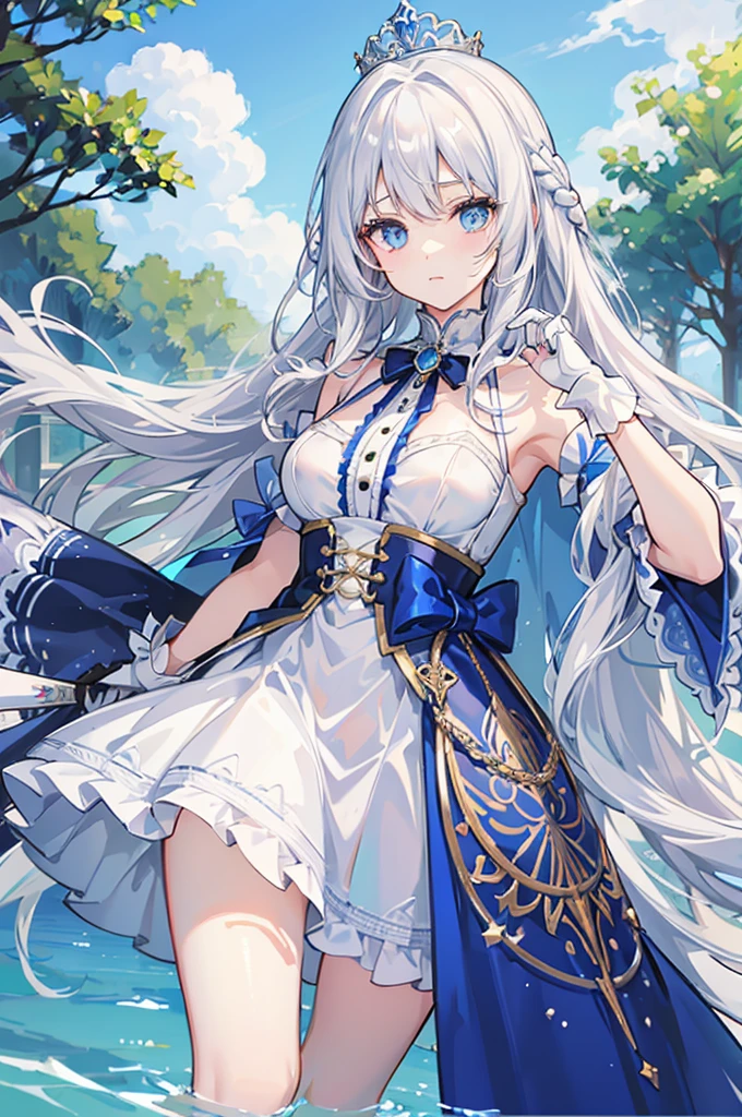 White hair and blue eyes、adult、Long, fluffy wavy hair、Braiding、Wearing hair ornaments、Princess、White gloves、Wearing a lace dress、Being in the water、Fantasy