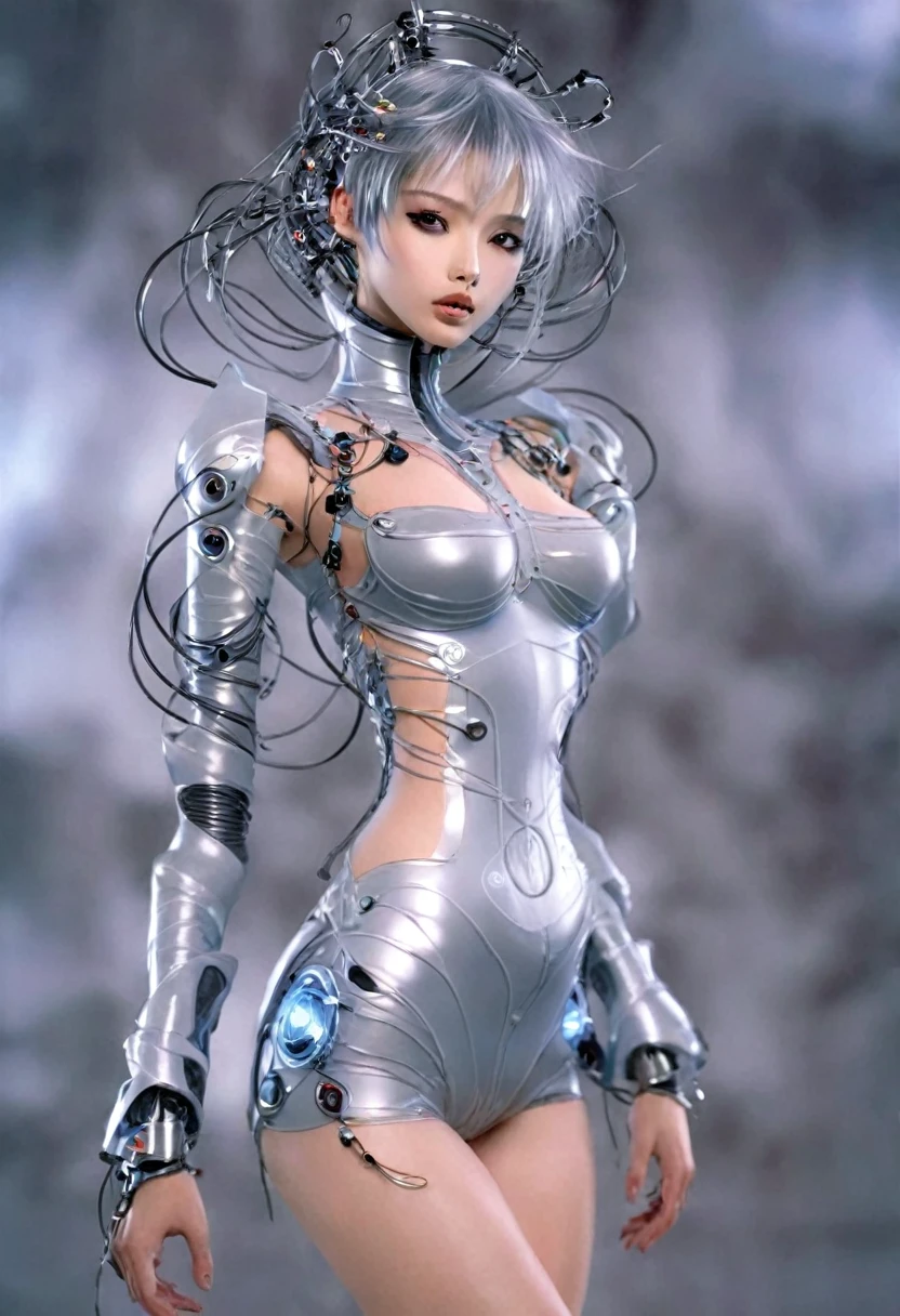 beautiful face,the face is japanese, 1 woman, big, curvilinear, (16k, photo and gross, top quality, masterpiece: 1.2), (HDR, realist, Fotorrealist: 1.37) (tube attached to the body), (Bikini Cyborg Robot Parts)))), (light gray hair), wide, wavy fur, twin tails, medium shot, ( seductive smile)), (black eyes), princess cut,from below,(whole body),posing,,at the laboratory,( tube connected to blood vessel),((mechanical vertebrae attached to the back)),((mechanical neck attached to neck)),(wire rope attached to head and body),(Character focus),Science fiction,Perfect female figure,perfect anatomy,ultraanatomy, full body shot, Ratio of up to 4 fingers and 1 thumb.,
