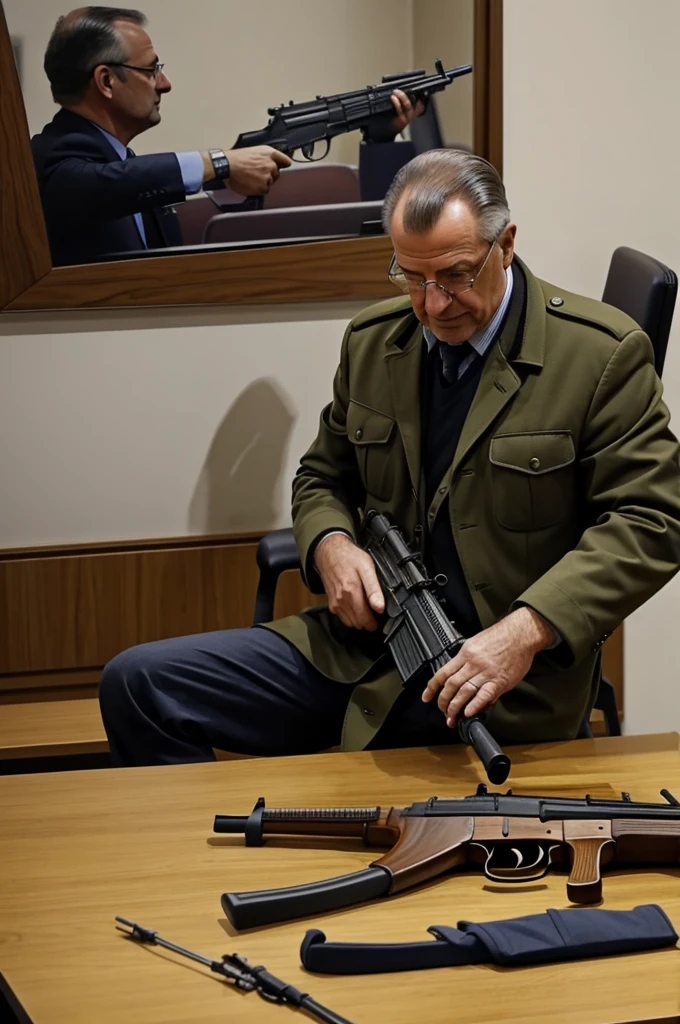 Aigle qui tire avec une AK-47 dans les mains dans une salle de consultation psychiatrique