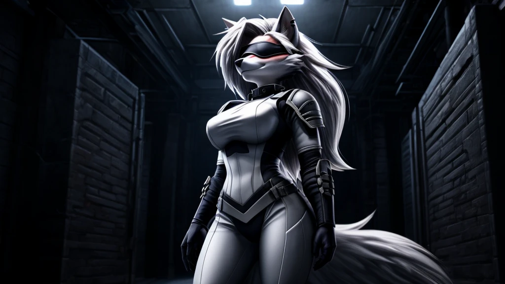 Loona from Helluva Boss, female white wolf, short white hair, blindfold, white combat military armor suit, adult, standing, dark lighting, extremely detailed, solo, beautiful, high quality, 4K