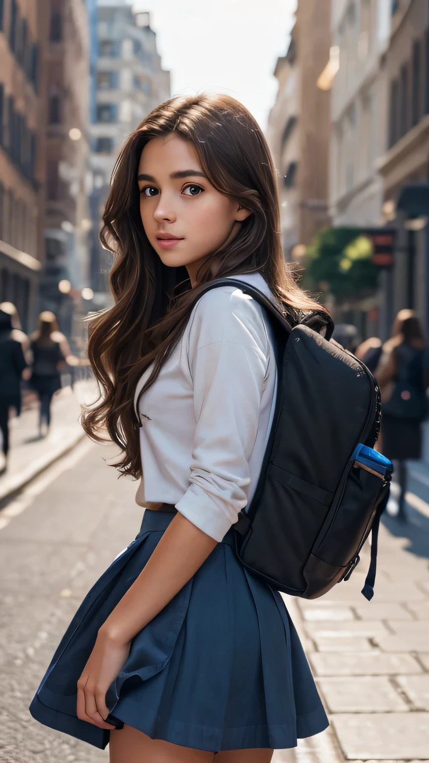 a age girl with long wavy light brown hair, light brown skin, wearing a long blue skirt, black stockings, backpack on her back, crossing the street, realistic, photorealistic, 4k, highres, detailed facial features, beautiful detailed eyes, beautiful detailed lips, extremely detailed eyes and face, long eyelashes, realistic skin texture, dynamic pose, warm lighting, atmospheric, cinematic