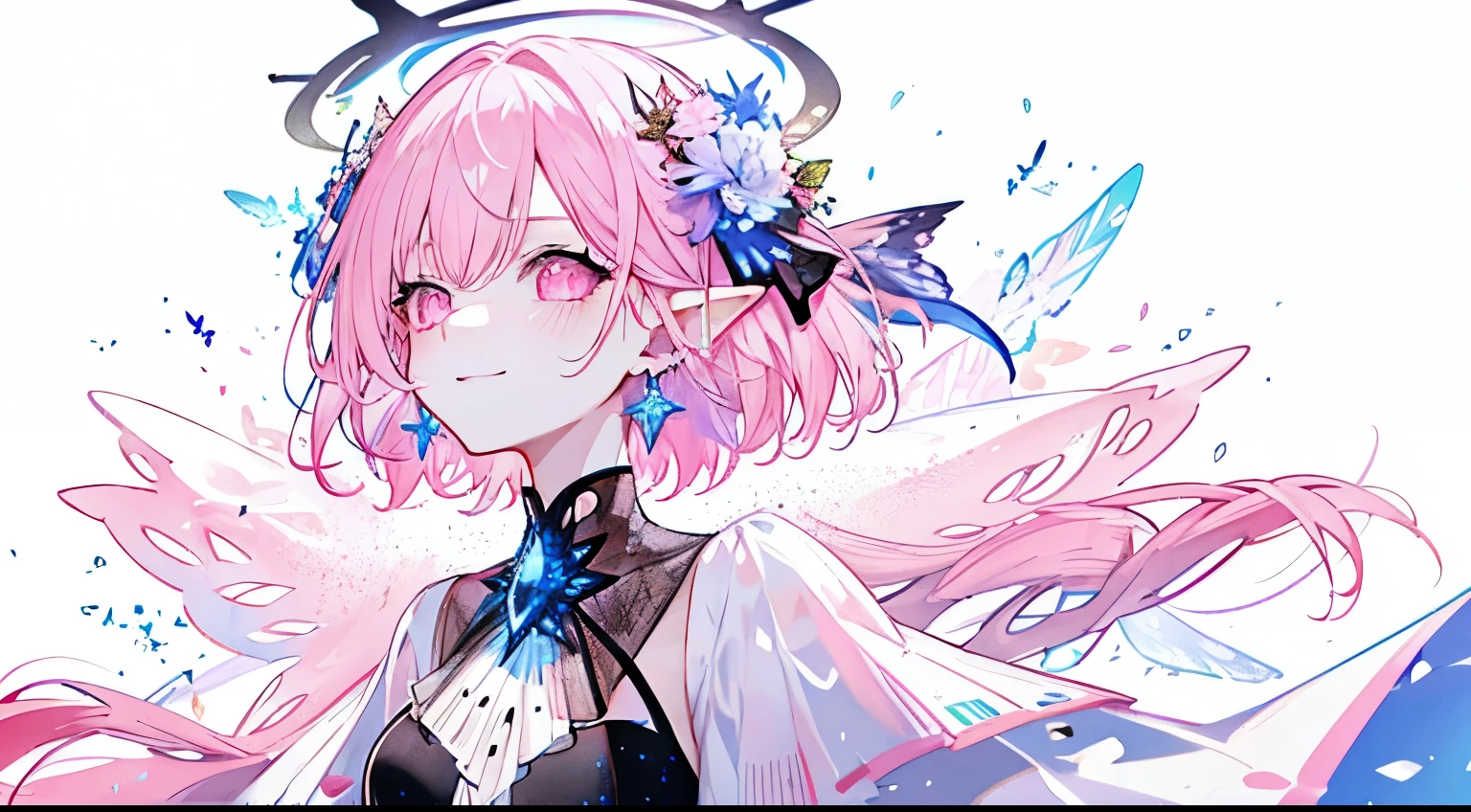 ((tmasterpiece:1.4,Best quality at best))+,(hyper-detailing)+,(Ultra-detailed eyes)+,(pointy ears:1.5),The halo
(cute girls),15year old,(a pink eyes:1.15)Short pale pink hair,Bushy hair(wariza:1.2),pale-skinned,pervert smirk,black bottomwear
(She wore a pure white dress,pastel pink robes,:1.5),(whitegloves:1.4)The sleeves are long,golden string,crystal earrings,Leprechaun Maiden,coral crystal,Menghua,gem jewelry,The world of diamonds and flowers,glowing butterflies,The halo,fresh flowers,
(pink and white satin ribbon:1.1),
(dawn light:1.2),
(Thick black and white:1.16),(depth of fields:1.4),,Complicated details,