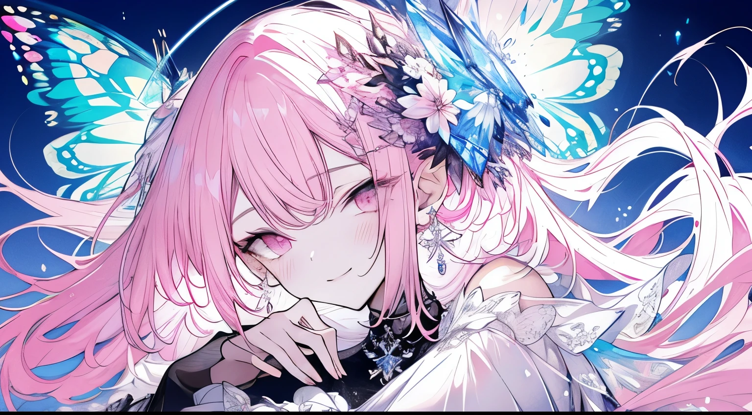 （（tmasterpiece：1.4，Best quality at best））+，（hyper-detailing）+，（Ultra-detailed eyes）+，（pointy ears：1.5），The halo （cute girls），15year old，（a pink eyes：1.15）Short pale pink hair，Bushy hair（wariza：1.2），pale-skinned，pervert smirk，black bottomwear （She wore a pure white dress，pastel pink robes，：1.5），（whitegloves：1.4）The sleeves are long，golden string，crystal earrings，Leprechaun Maiden，coral crystal，Menghua，gem jewelry，The world of diamonds and flowers，glowing butterflies，The halo，fresh flowers， （pink and white satin ribbon：1.1）， （dawn light：1.2）， （Thick black and white：1.16），（depth of fields：1.4），，Complicated details，
