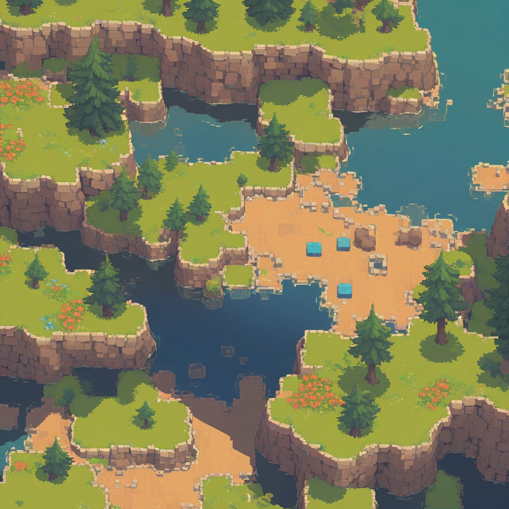 retro video game style,pixelated graphics,vibrant colors,8-bit characters,blocky shapes,sharp lines,detailed shading,classic gaming vibe,nostalgic atmosphere,classic arcade games,masterpiece:1.2,ultra-detailed,illustration style, 2d texture, clay texture, stone texture, 4 k seamless mud texture, video game texture, dirt texture, tileset, game tiles, clay material, flat texture, grass, trees, rock texture, rocky ground, forest, topdown view, game texture, game art, ground very detailed, dirt, floor texture, tileable texture, flowers, bushes, shrubs, intricate ground stone, top down view, 3/4th perspective