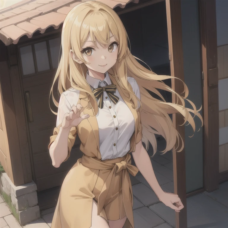 Kanade Yumeno, 1girl, Smile, , waist-length blonde hair, brown eyes, Long hair,