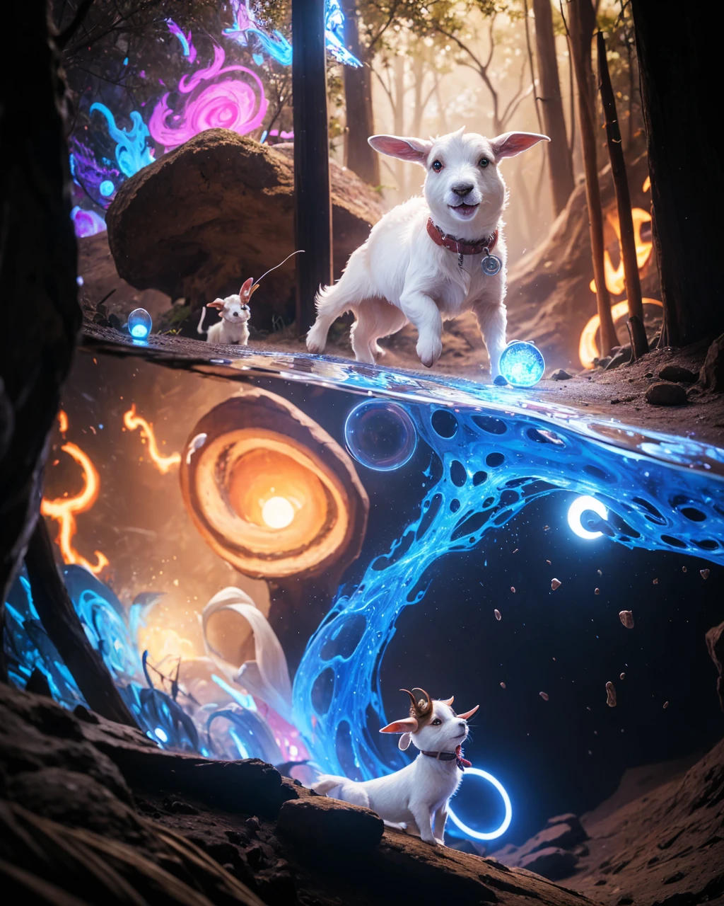 a white and tan jack Russell terrier named George ate all of his owner's psychedelic psilocybin mushrooms and now he finds himself tripping BALLS on a wacky wild adventure with his new best friend who happens to be a brown and white GOAT named Kevin, extreme detail, digital art, psychedelic firey, fire, photorealistic, whimsical, colourful lighting, wide angle lens, slow shutter speed