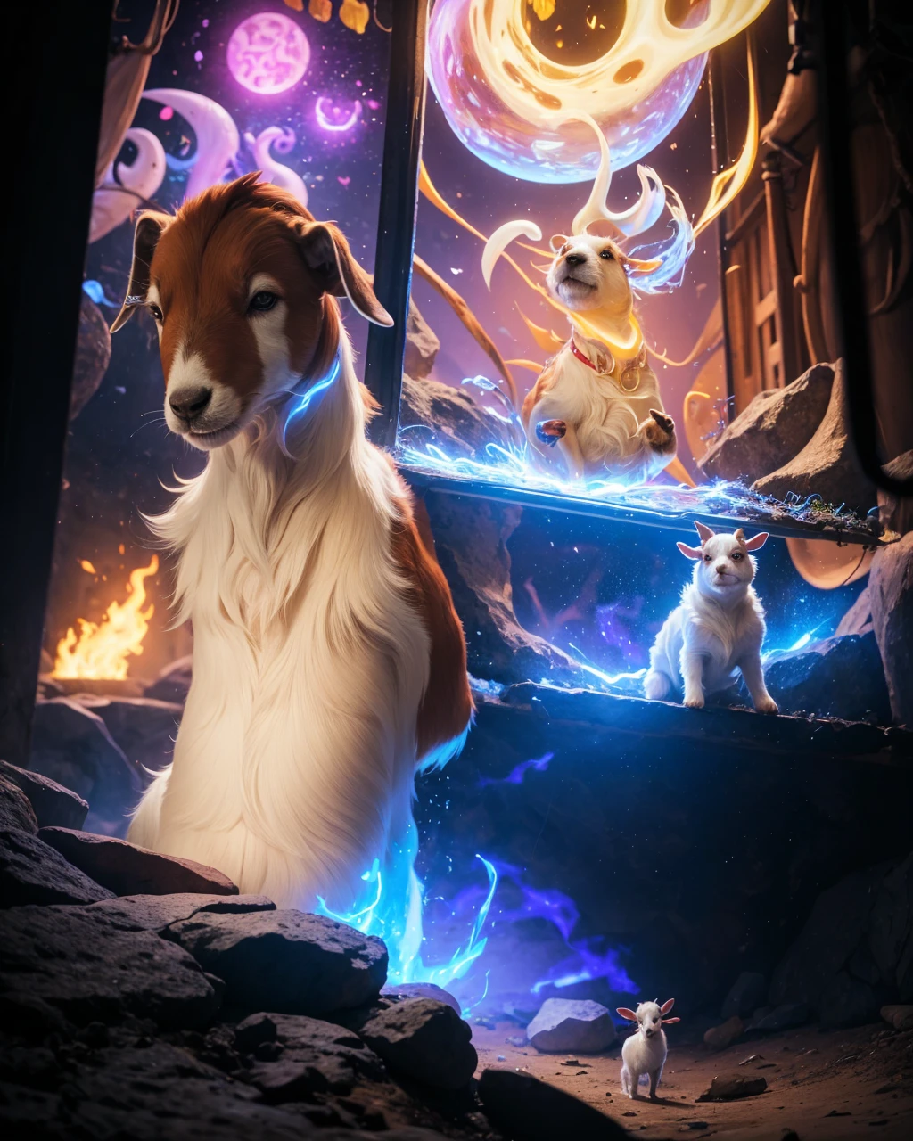 a white and tan jack Russell terrier named George ate all of his owner's psychedelic psilocybin mushrooms and now he finds himself tripping BALLS on a wacky wild adventure with his new best friend who happens to be a brown and white GOAT named Kevin, extreme detail, digital art, psychedelic firey, fire, photorealistic, whimsical, colourful lighting, wide angle lens, slow shutter speed