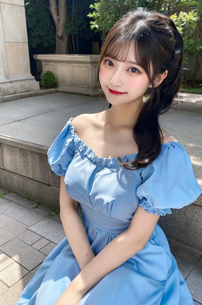 最high quality,Very detailed,finely,High resolution,8K壁紙,Perfect dynamic composition,Young Japanese Woman,Age 25, Black Hair, thin, 4K, 8K, high quality, beauty, smile, White teeth,Beautiful Eyes, Characterized by simplicity, High resolution,1 person,Japanese Idols,Large Breasts,ponytail,Landmine Makeup,Red cheeks,whole body,Princess,Frilly light blue dress,Gorgeous clothes,Castle,Princess,Random sexy poses
