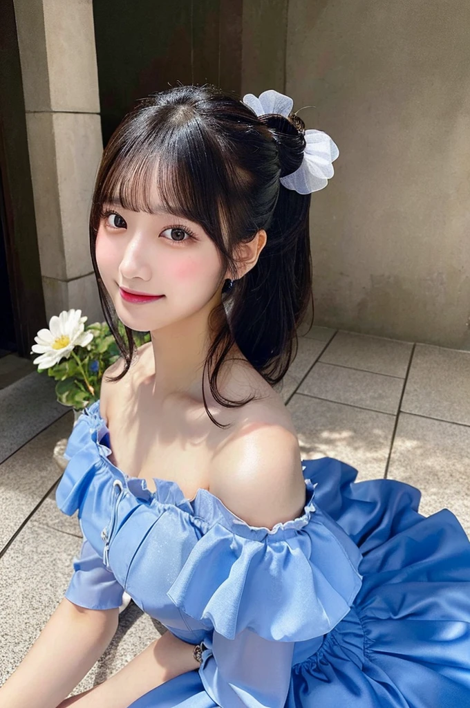 最high quality,Very detailed,finely,High resolution,8K壁紙,Perfect dynamic composition,Young Japanese Woman,Age 25, Black Hair, thin, 4K, 8K, high quality, beauty, smile, White teeth,Beautiful Eyes, Characterized by simplicity, High resolution,1 person,Japanese Idols,Large Breasts,ponytail,Landmine Makeup,Red cheeks,whole body,Princess,Frilly light blue dress,Gorgeous clothes,Castle,Princess,Random sexy poses