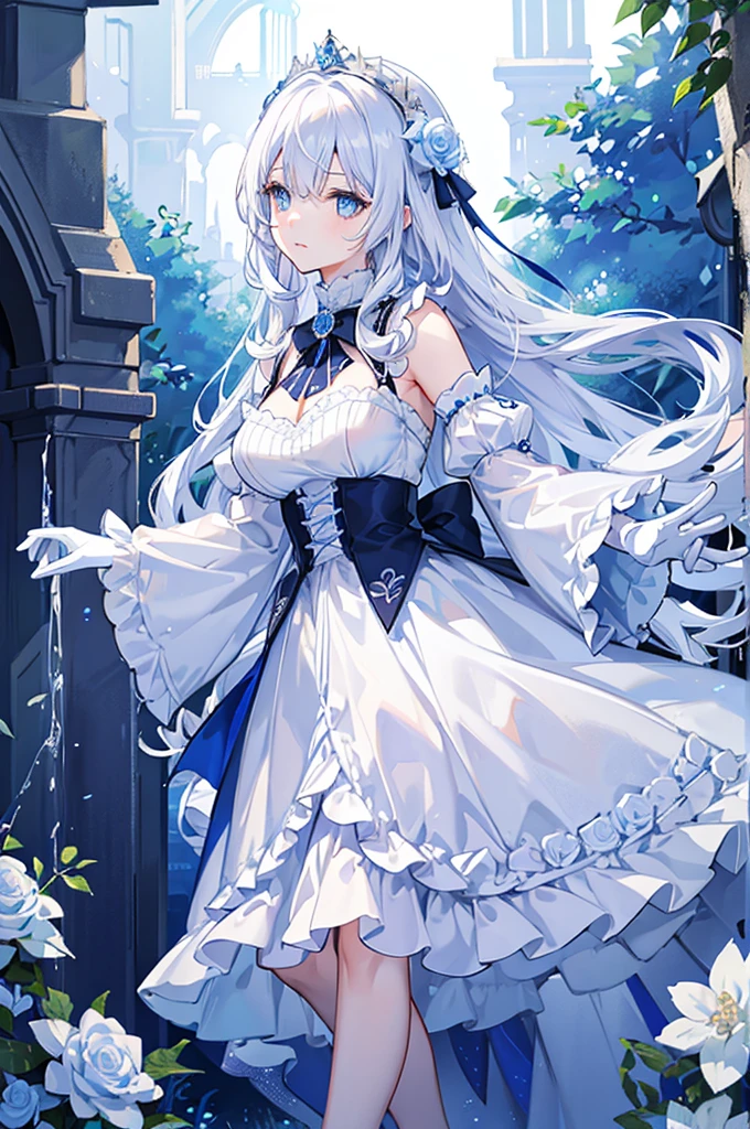 White hair and blue eyes、adult、Long, fluffy wavy hair、Braiding、Wearing hair ornaments、Princess、White gloves、Blue roses and white roses、Wearing a lace dress、Being in the water、Fantasy