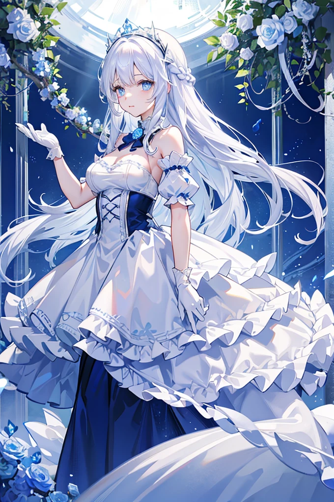 White hair and blue eyes、adult、Long, fluffy wavy hair、Braiding、Wearing hair ornaments、Princess、White gloves、Blue roses and white roses、Wearing a lace dress、Being in the water、Fantasy