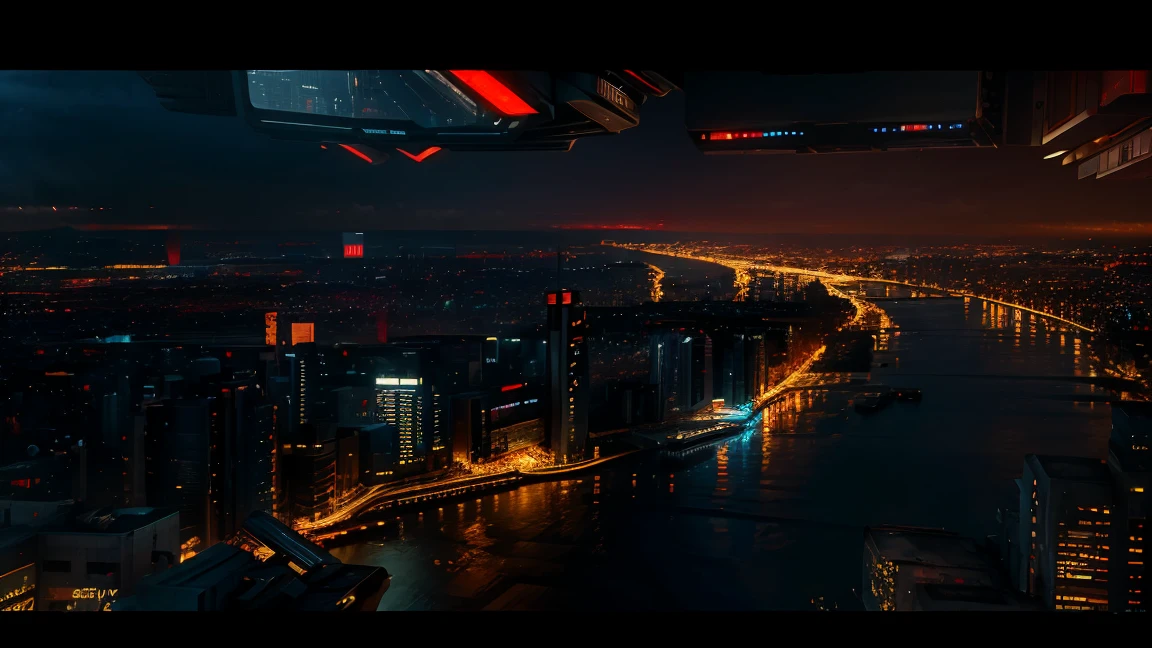 (Tech Black, dystopia:1.2), Overcrowded cities, lights ble and red, captivating beauty, masterpiece, highest quality, realistic digital art, detailed background, 8k wallpaper