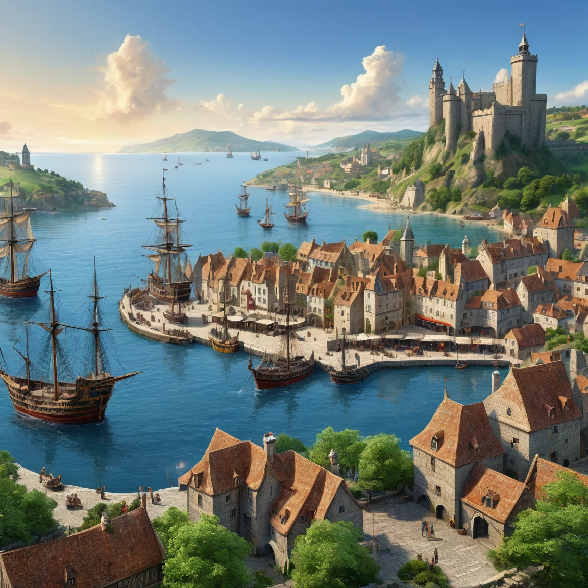 (best quality)), ((masterpiece)), ((realistic,digital art)), (super detailed), (giganstesque port de commorece avec de nombreux quais), (medieval style), vast zone of which, ocean, more, ships sailing out to sea