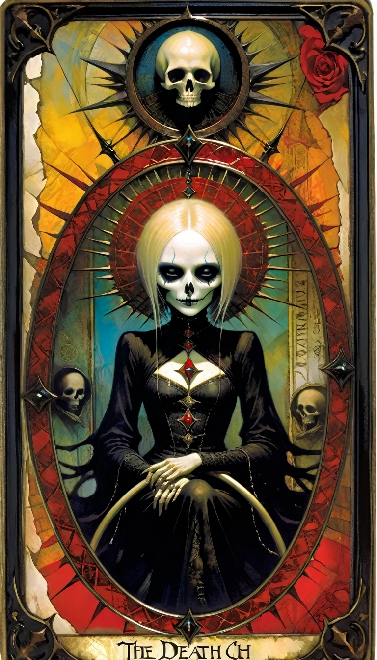 ((tarot card)) THE death((card frame)), work by Dave mcKean, vivid colors, intricate details, oil. Text in card: "THE DEATH"