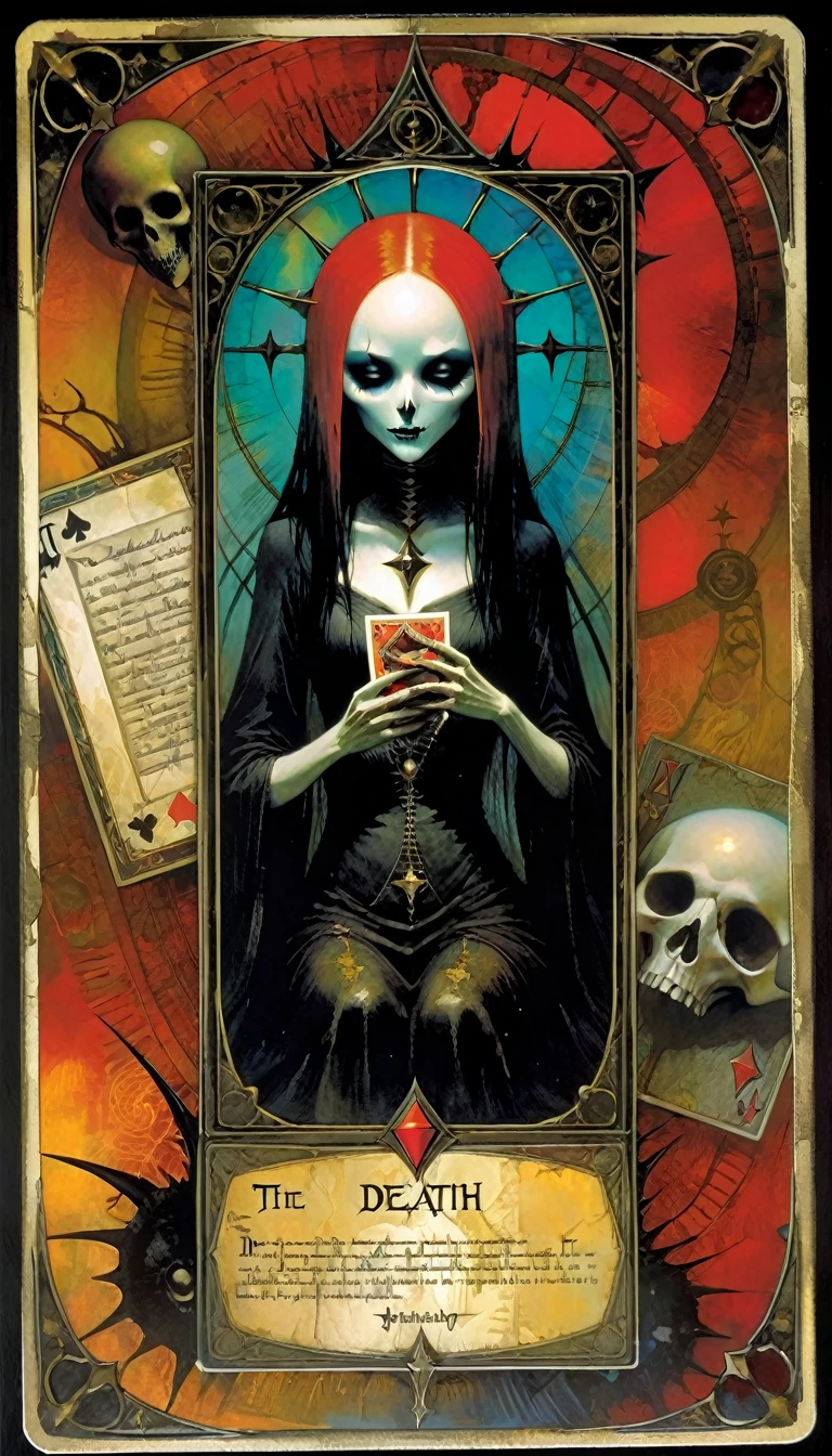 ((tarot card)) THE death((card frame)), work by Dave mcKean, vivid colors, intricate details, oil. Text in card: "THE DEATH"