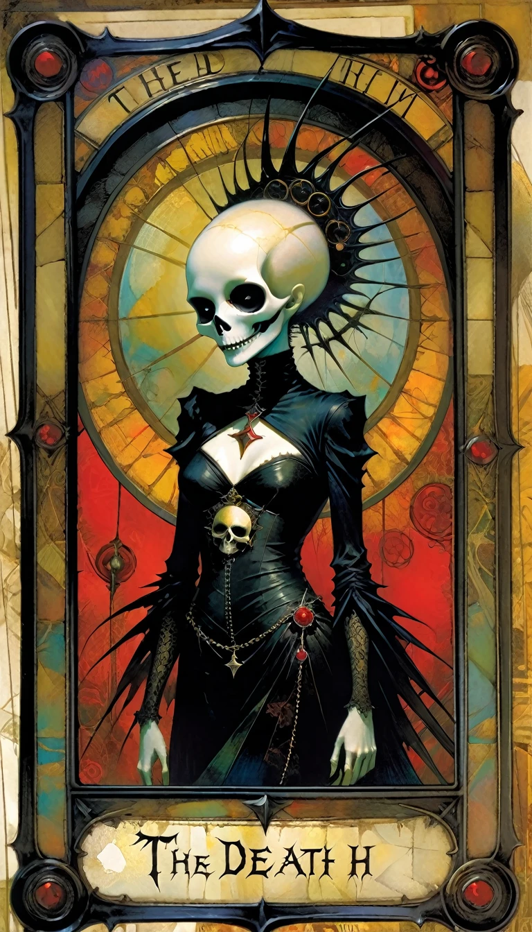 ((tarot card)) THE death((card frame)), work by Dave mcKean, vivid colors, intricate details, oil. Text in card: "THE DEATH"
