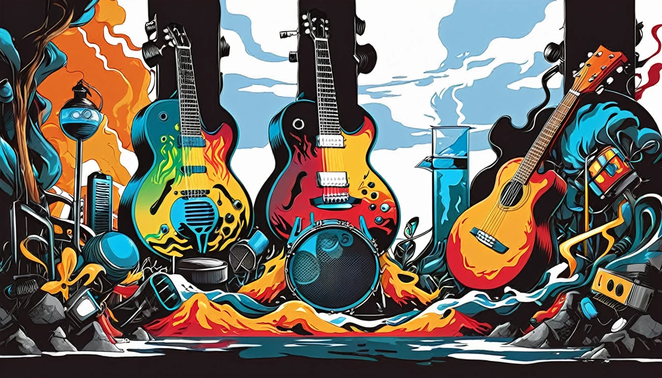 Masterpiece; Guitars and drums in a small science lab(((frascos de experiencias))), complete with speakers and glass flasks of chemistry, embody the resilience and tenacity of the scientific community, infused with a bold graphic allure that enlivens the spirit of science. The design penetrates layers of depth, integrating the raw essence and vibrant cores of Rio de Janeiro culture. Brushstrokes that incorporate the fluid energy of graffiti on guitars and acoustic guitars weave around dynamic geometric shapes, adorning the laboratories with an evocative masterpiece that speaks to the heart of the intersection between two diverse worlds. Majestically rendered in high definition and vibrant color, every detail bursts with life, inviting viewers to marvel at the beauty that; by Monet