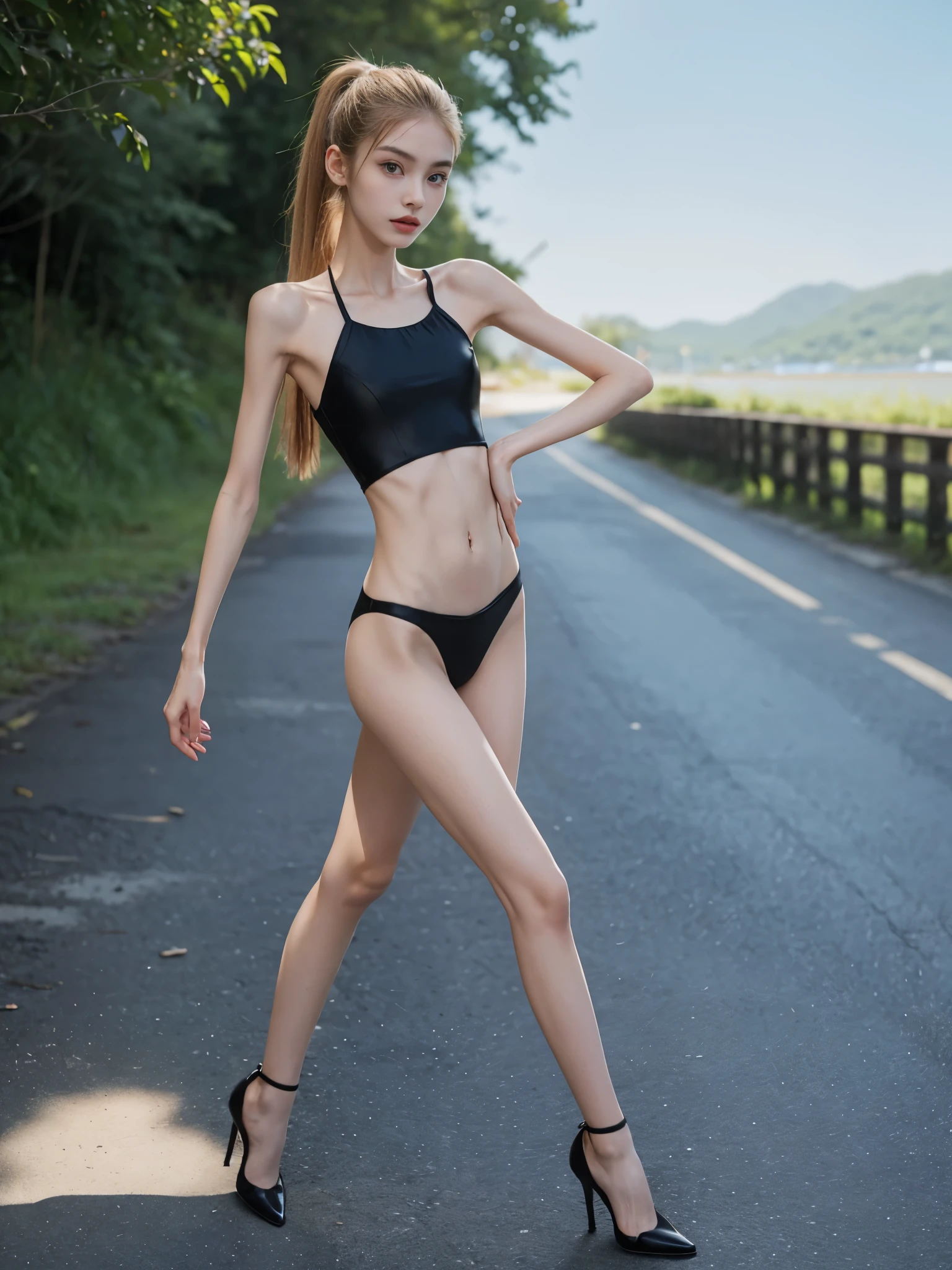 laos teen rhytmic gymnast girl, 1 girl, age 17(very slim anorexic slender skinny body:1.4); skinny,thin thighs, tall (160cm) ,(flat chested), (tiny breast), (Extra small breast) (anorexic body), full body shot, long legs in the picture, anorexic super thin model body, skinny anorexic ballet model, ballet model, ((looking at viewer)), shiny tight black rubber extreme high cut one piece swimsuit, the model is standing , front shot, (pale skin), (big eyes), face forward, blond pink hair (long shiny ponytail hair) , (looking at viewer:1.3) very slim, (small breasts), luxury terasse, sea, sunny, black 12inch high heels, on high heels