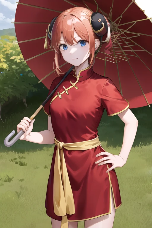 masterpiece, best quality, highres, kgr1, red dress, double bun, bun cover, china dress, chinese clothes, knee boots, short sleeves, small breasts, cowboy shot, hand on hip, closed umbrella, holding umbrella, outdoors,