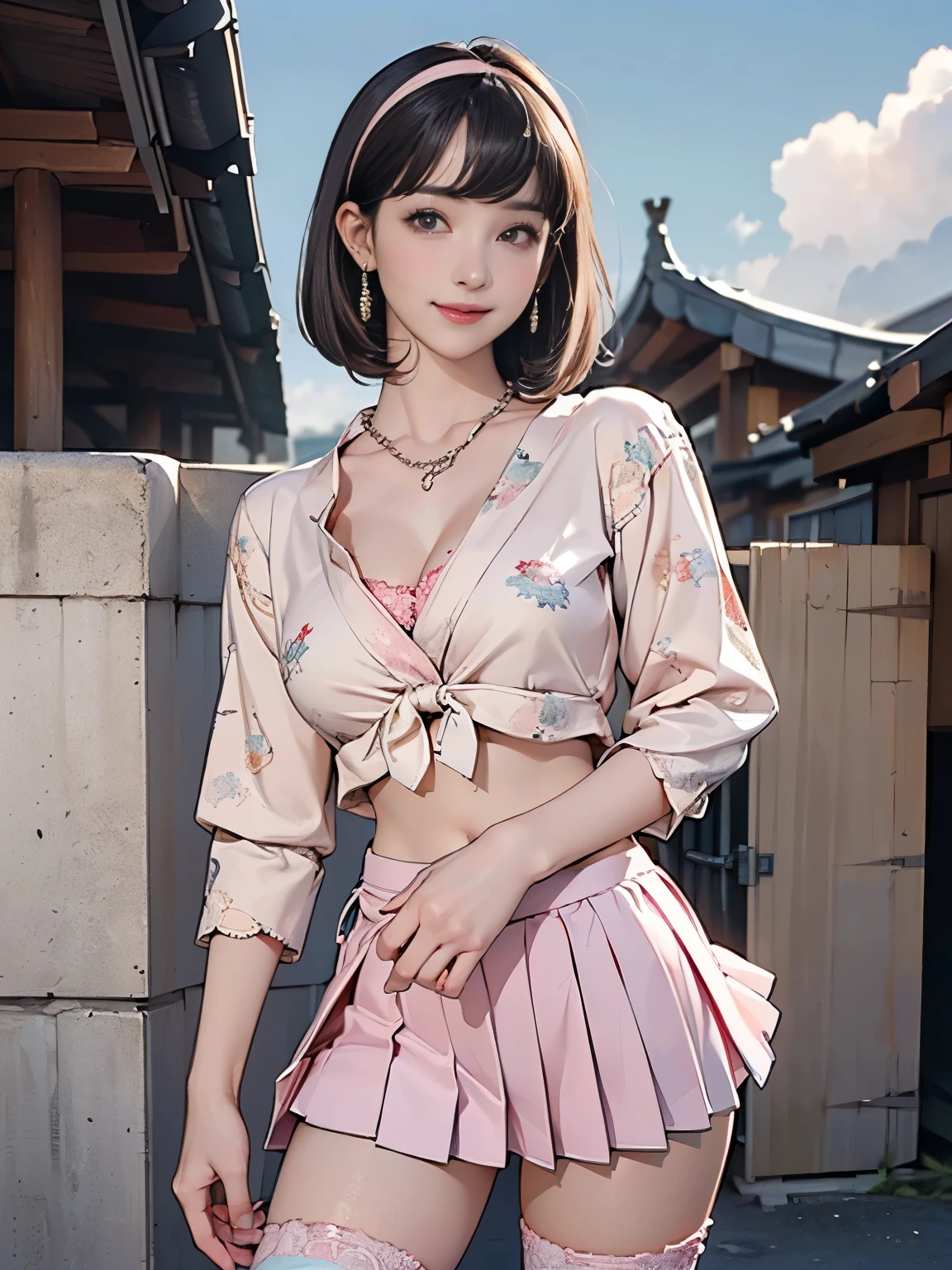 ((((Highest quality))))、(((Ultra-precision CG16K wallpaper)))、(((masterpiece)))、(((Super detailed)))、(((Extreme detail)))、((1Mature 29 year old woman:1.6))、((Very beautiful Japan face of a person))、((Urizane Face:1.8))、((Short bob straight hair、blunt bangs:1.8))、(Shiny Hair)、A delicately drawn beautiful face、Dark Eyes、double eyelid、High nose、Small nostrils、Small Mouth、Seductive lips、Beautiful breasts、((C cup size breasts))、Cleavage、Beautiful feet、eight-headed body、Perfect proportions、Perfect Anatomy、Perfect composition、Beautiful detailed shading、Beautiful, natural lighting、Beautiful detail glow、Depth of written boundary、(((High chroma)))、(((Real:1.9)))、((vivid:1.5))、((Beautiful Skin))、((Skin Texture))、((Realな皮膚感))、(((Cowboy Shot:1.6)))、((front view、shoot from front、front low angle:1.6))、(((smile:1.7)))、((The woman is looking at this、looking at viewer:1.6))、Bright daylight、Natural light、(((Rooftop、cloud:1.5)))、(Gravure idol walking pose:1.6)、(((Light pink lace blouse&Low-rise pleated mini skirt:1.6)))、((hair band、Chain Necklaces、Wearing earrings:1.5))、((Knee socks clothing:1.5))、