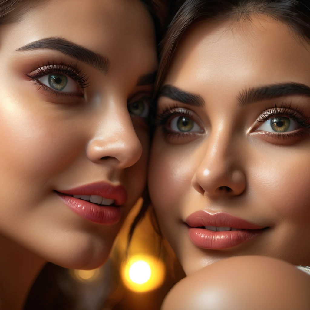 beautiful detailed eyes, beautiful detailed lips, extremely detailed eyes and face, long eyelashes, 2 girls, gigantic breasts, massive breasts, huge breasts, dramatic pose, intimate embrace, asymmetrical docking, vibrant colors, cute smile, cute face, sharp focus, high detail, masterpiece, photorealistic, 8k, volumetric lighting, chiaroscuro lighting, cinematic