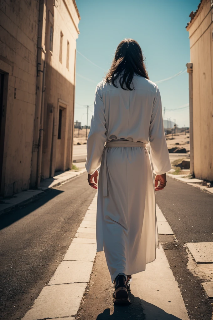 Jesus walking and talking with his back looking to the right side Real