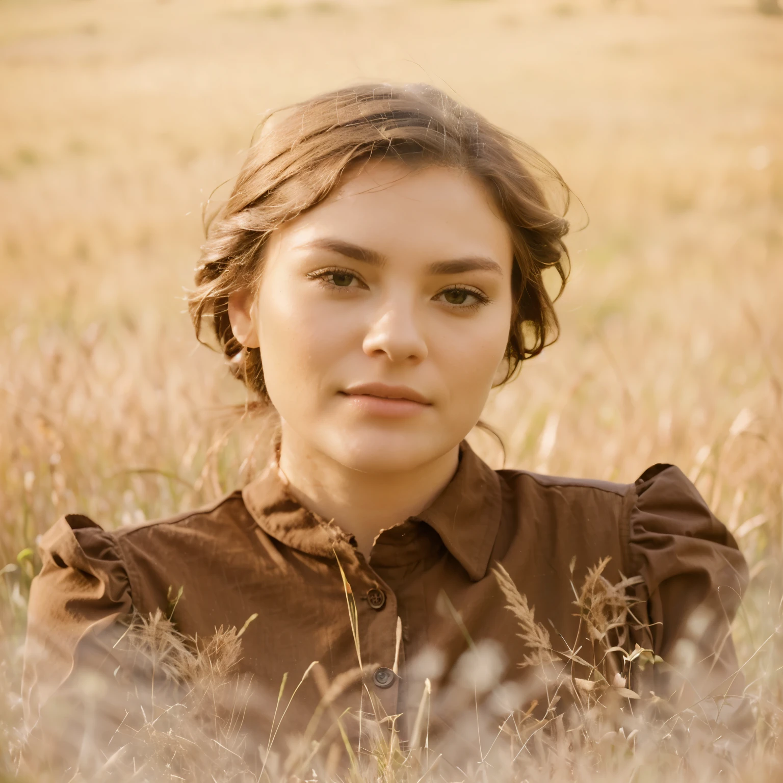 there is a woman in a brown shirt old portrait, grass, grass silhouette