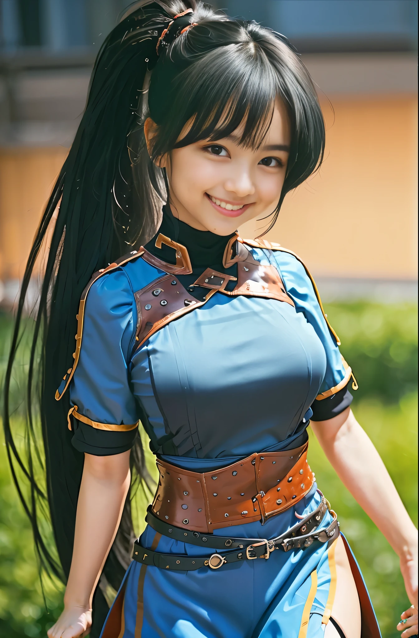 （8K、Raw photography、Highest quality、masterpiece：1.2),(Black Hair、Dark Eyes:1.9),(armor、Woman warrior:1.4)、View your viewers,Front view,White skin,(ponytail:1.3)、(Tight waist:1.6)、(Clothes that accentuate the shape of the breasts:1.0)、(Big Breasts :1.3)、Slim figure、Ultra-high resolution,beautiful,beautiful fece,(One person、No background:1.9),whole bodyボディー,Japanese women,（reality的：1.37）、Photon Mapping,reality、(Baby-faced and cute: 1.2)、(Cute Smile: 1.8)、(Round face: 1.8)、Radio City、Physically Based Rendering、Depth of field rally background、photograph, (I can see your knees、Thigh close-up:1.8),（:1.6）,whole body、Great quality