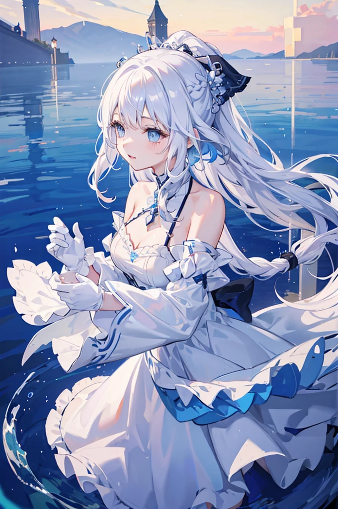White hair and blue eyes、ponytail、Long, fluffy wavy hair、Braiding、Wearing hair ornaments、Princess、White gloves、Wearing a lace dress、Being in the water、Fantasy