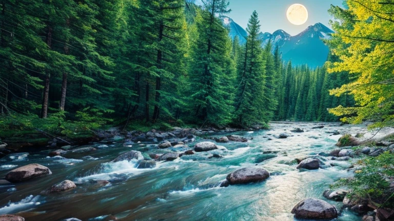 Realistic vision. good 8K image quality,  about the moon that is embracing a crystalline river that descends from the mountains., a beautiful forest full of trees and vegetation 