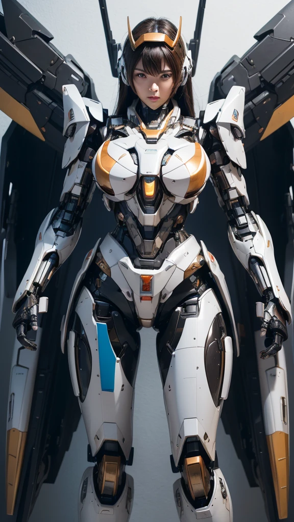 Textured skin, Super Detail, high details, High quality, Best Quality, hight resolution, 1080p, hard disk, Beautiful,(Super Heroine),(Mecha Queen),Oppai Missile,beautiful cyborg woman,Mecha Cyborg Girl,Battle Mode,Girl with a Mecha Body,She wears a battle cyborg mech with a weapon,Fulll body Shot