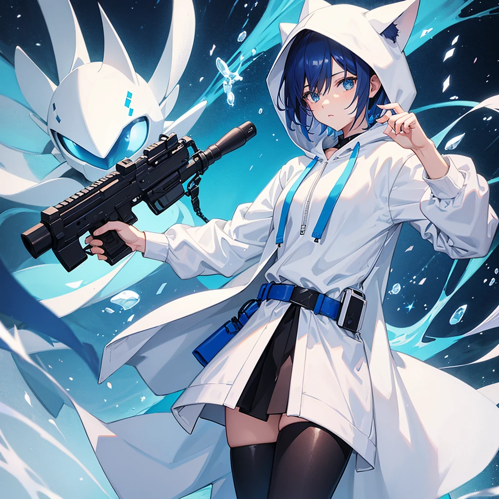 An anime character wearing a white hoodie with blue trim and a gun