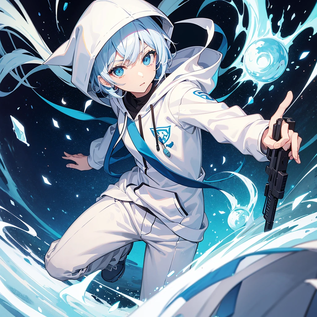 An anime character wearing a white hoodie with blue trim and a gun
