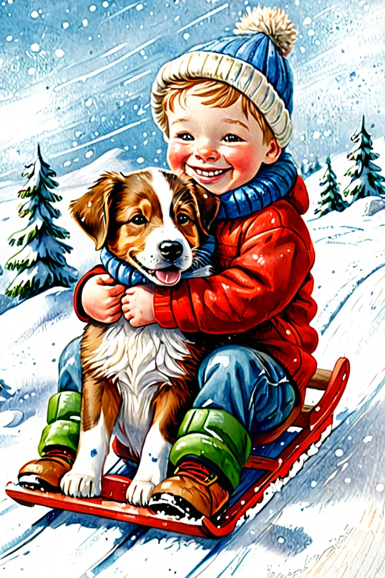 book style , little boy and puppy, hugging, glad, smiling, na neve, on a sled, Drawn in pencil, Inspiration