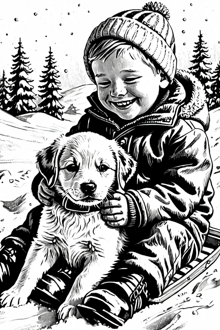 book style , little boy and puppy, hugging, glad, smiling, na neve, on a sled, Drawn in pencil, Inspiration