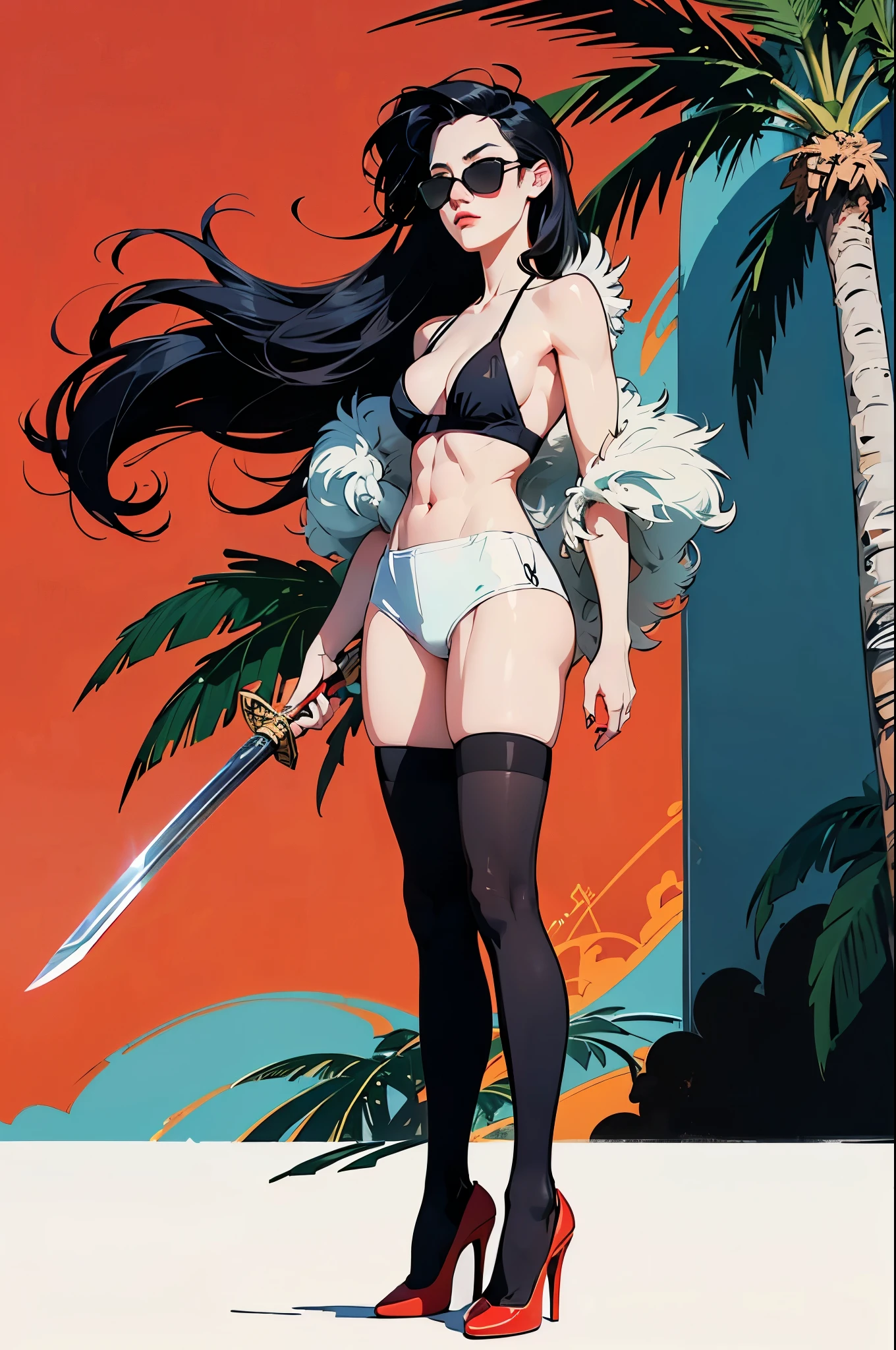 ((Art style by Patrick Nagel)), ((8k, wallpaper, detailed)), dark sunglasses, korean popstar, thighhighs, high heels, long legs, black hair, pretty hands, fringe, full body, samurai sword, (multiple girls:1.4), simple red background, palm trees, (graffiti wall:1.2), muscular, strong, courageous, art by Patrick Nagel