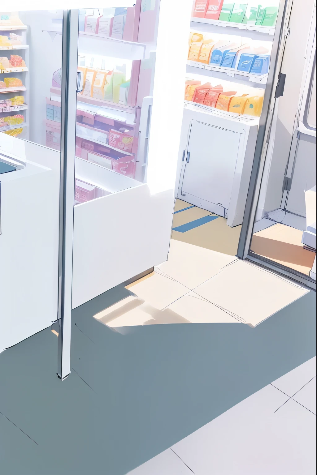 there is a cartoon Supermarket Supermarket, random background scene, interior background art, anime background art, sterile background, cut-scene, concept art!, indoor lab scene, anime scenery concept art, detailed scene, mall background, colorkey scene, fantasy vendor interior, background art