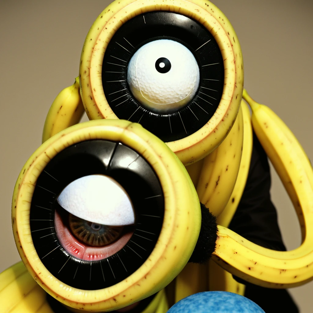 super hero 'banana man', real life, muppet, ping pong ball white eyes (black pupils), jim henson made, 