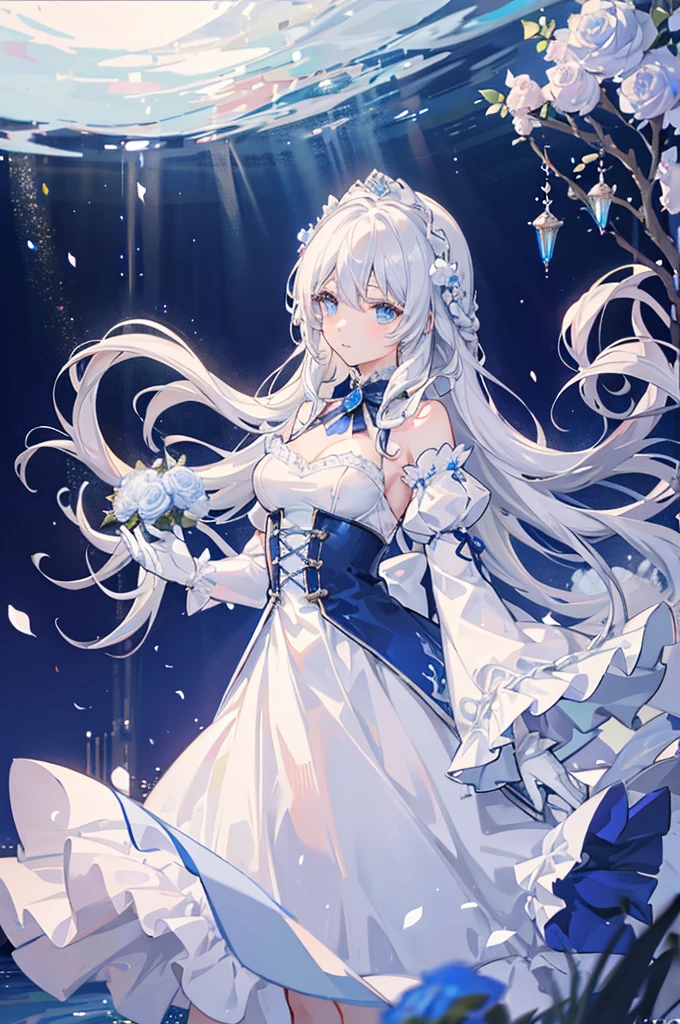 White hair and blue eyes、adult、Long, fluffy wavy hair、Braiding、Wearing hair ornaments、Princess、White gloves、Blue roses and white roses、Wearing a lace dress、Being in the water、Fantasy