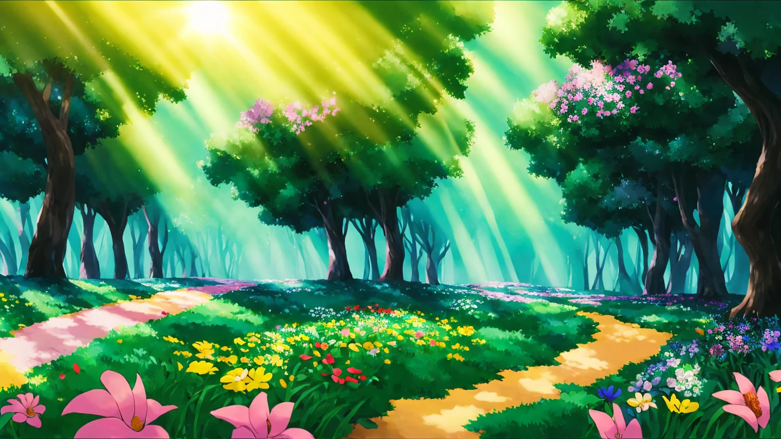 A vibrant flower blooms on the dirty ground of a large gray avenue. A crowd of gray, soulless people crosses the streets. A colorful , glowing with bright hues, stands protectively over the flower, protecting it with her little hands and determined eyes. Sunlight breaks through the dark clouds. Studio Ghibli style